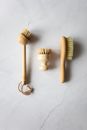Top view of timber dry brushes for bathing and cleaning on white background