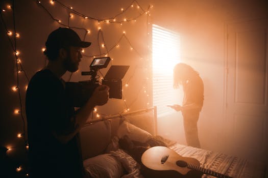 A filmmaker captures a scene in a dimly lit bedroom with string lights.