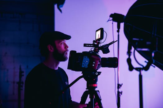 Cinematographer focuses intently on camera set up for a studio shoot.