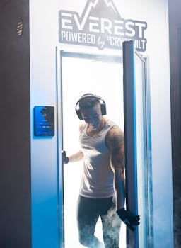 Male exiting cryotherapy chamber for fitness recovery with headphones and fog.