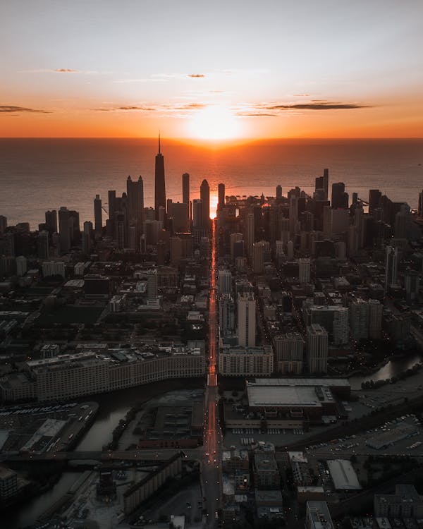 Drone Shot of a City during Sunset