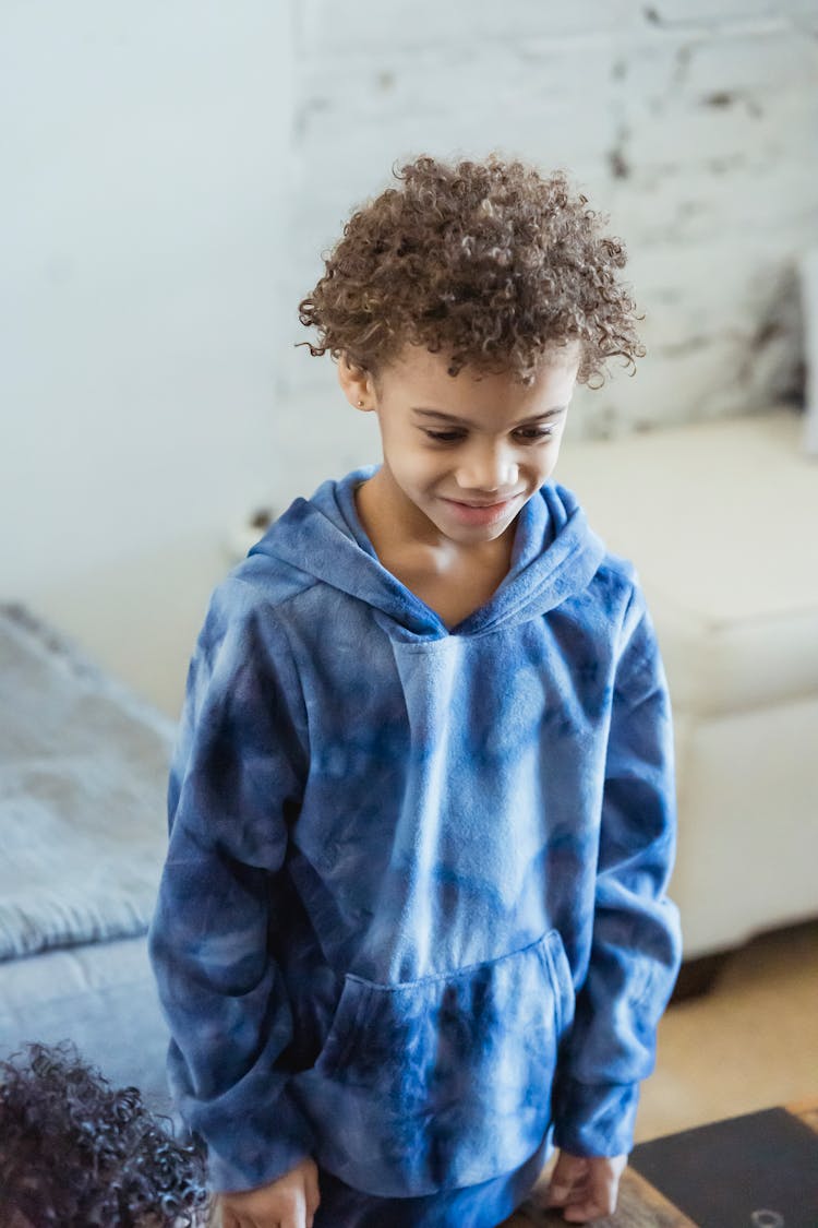 Happy Black Boy In Trendy Blue Hoodie