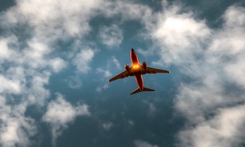 Low-Angle Shot of an Airplane Flying in the Cloudy Sky