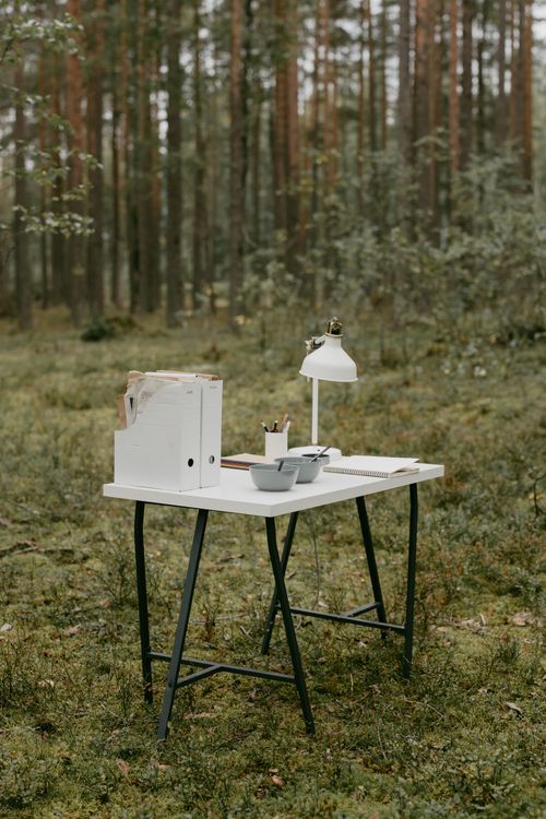 Free Tranquil outdoor workspace with white desk and lamp amidst lush forest surroundings. Stock Photo