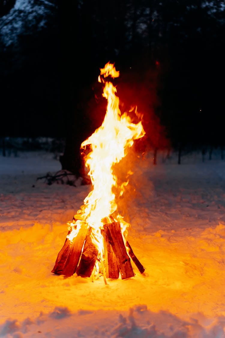 Bonfire On Snow Covered Ground