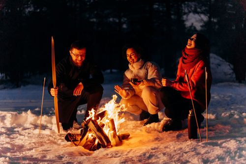 Free Friends enjoying a cozy bonfire in the snow during a chilly winter evening. Stock Photo