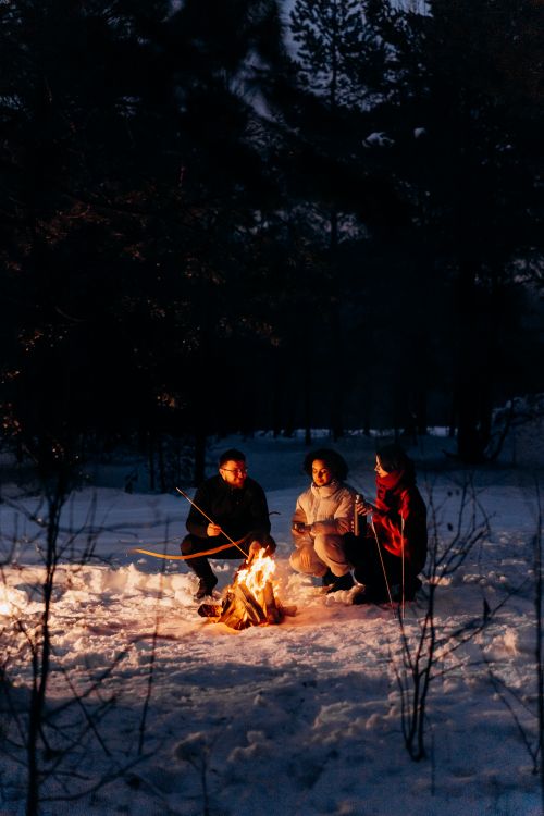 Free Three people enjoying a campfire at night in a snowy forest, creating a warm and cozy atmosphere. Stock Photo