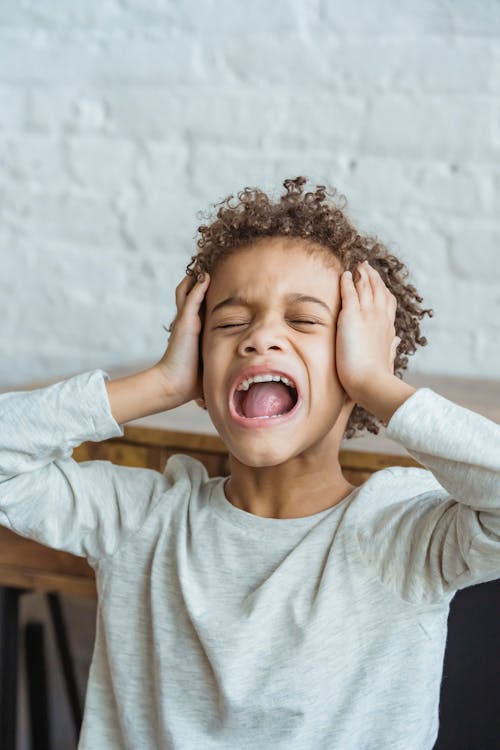 Desperate African American boy with curly hair in casual wear touching head while shouting in light room at home near wall