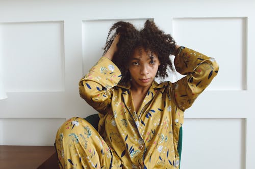 Woman in Yellow and Blue Floral Pajama
