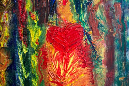Abstract strokes of multicolored paints randomly smeared on bright surface with red heart shaped drawing in modern studio with art works