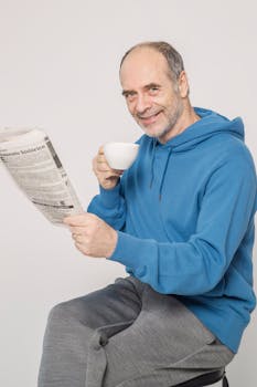 Smiling senior adult in a blue hoodie reading a newspaper while drinking coffee indoors.