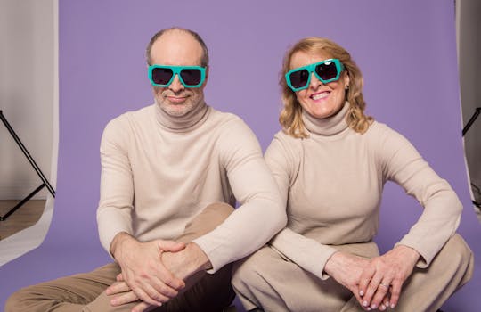 Senior couple wearing matching beige outfits and sunglasses sitting against a purple studio backdrop.