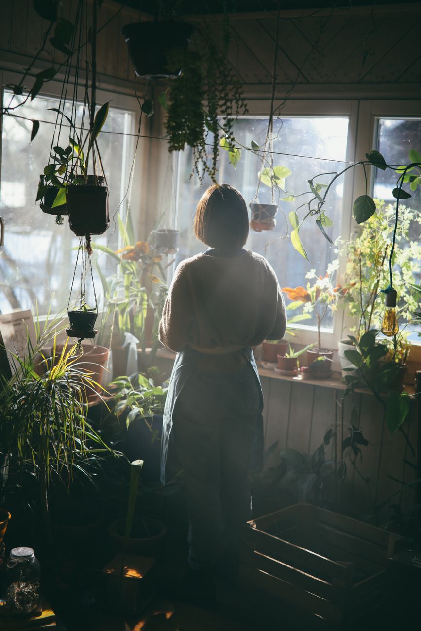 A woman stands in a cozy, plant-filled room with sunlight streaming through the windows.