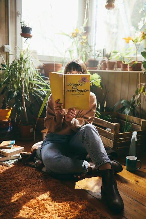 Gratis stockfoto met bedekkend gezicht, bruine trui, een boek lezen