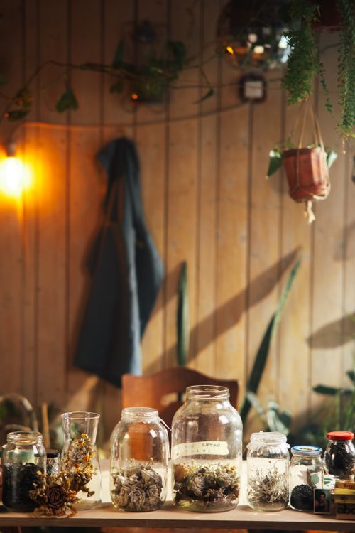 Free Glass jars with dried botanical elements on a rustic wooden table indoors. Stock Photo