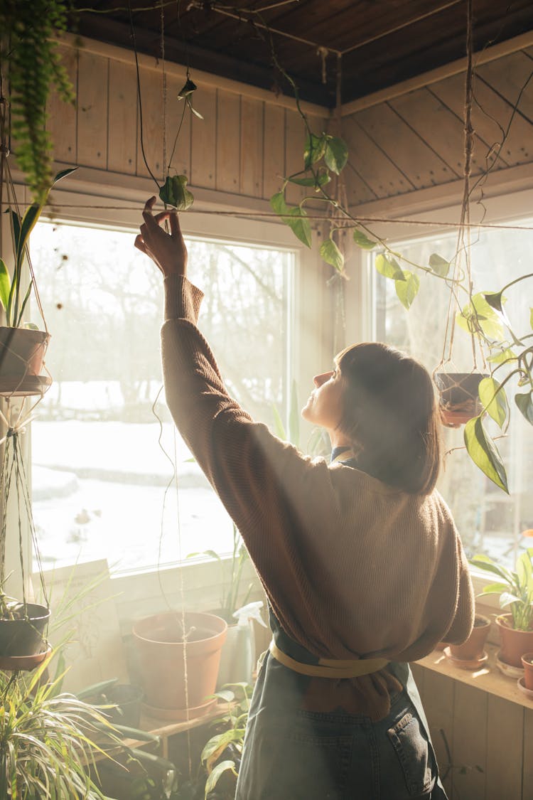 

A Woman Wearing A Sweater In A Botanical Indoor Garden