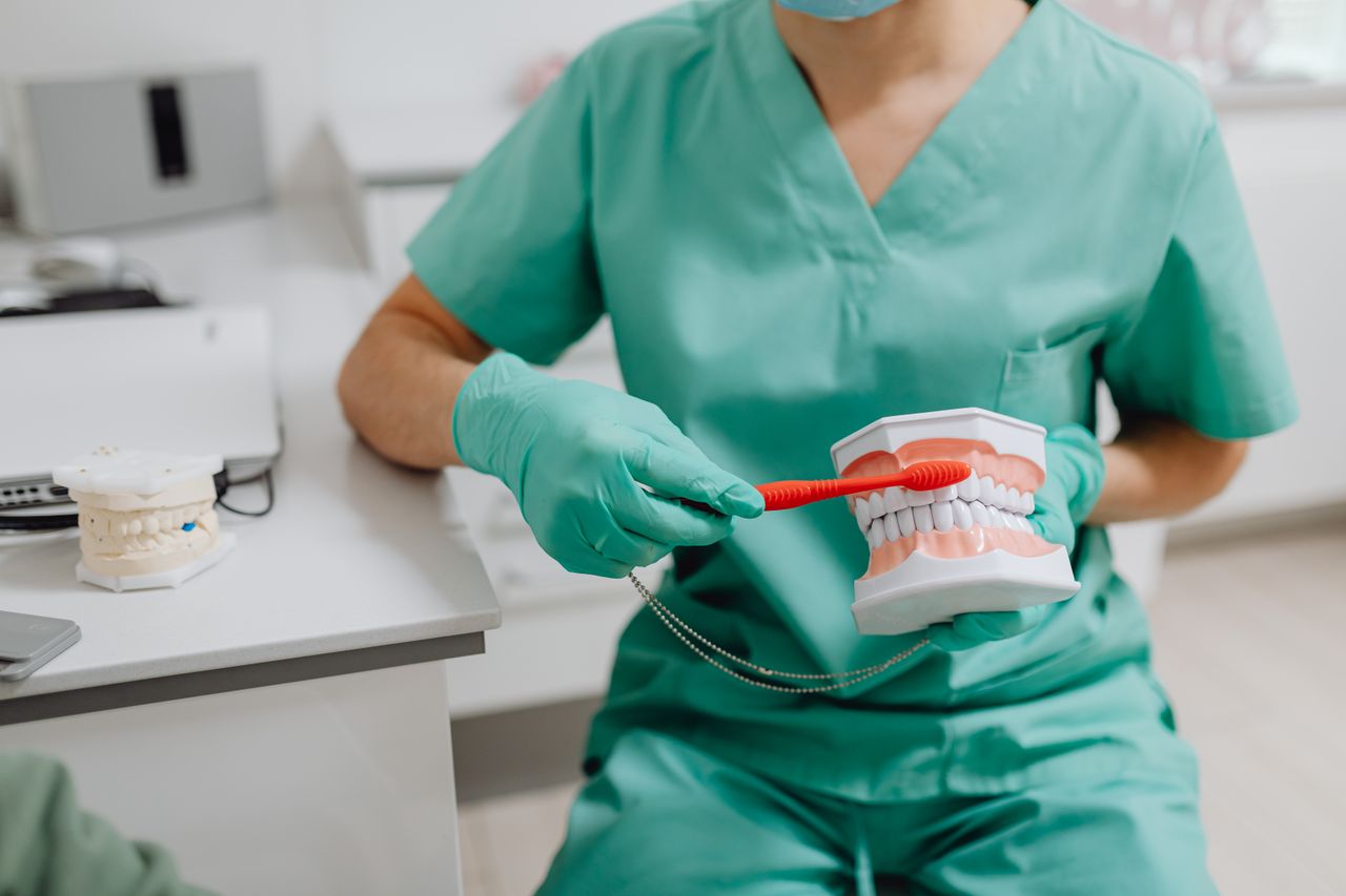 Dental hygienist demonstrating proper brushing technique with a dental model