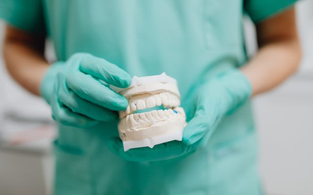 Dentist holding a ceramic veneer dental cast at Smile Point Tollygunge