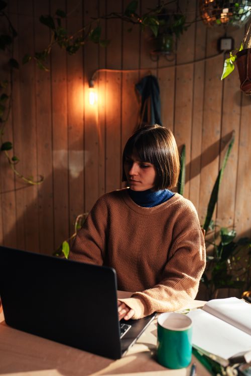 Free A woman with a laptop sits at a desk in a cozy, plant-filled room. Stock Photo