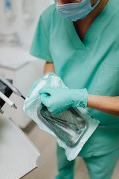A healthcare worker in scrubs opening a sterilized pack in a medical clinic setting, highlighting hygiene protocols.