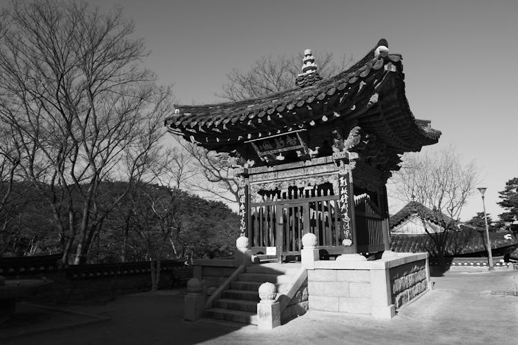 
A Grayscale Of A Temple In Seoul