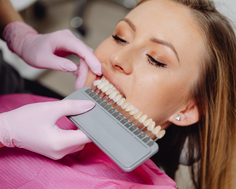 A dentist matching a tooth shade guide against a patient's teeth during a consultation