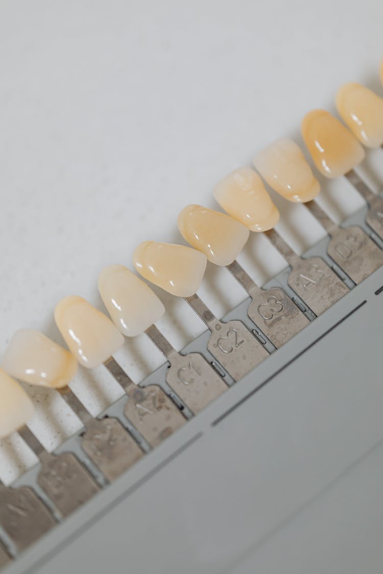 Close-up Of Teeth Implants With Different Shades