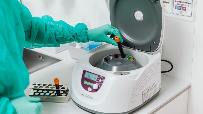 A healthcare professional operates a centrifuge machine in a laboratory, ensuring sterile medical procedures.