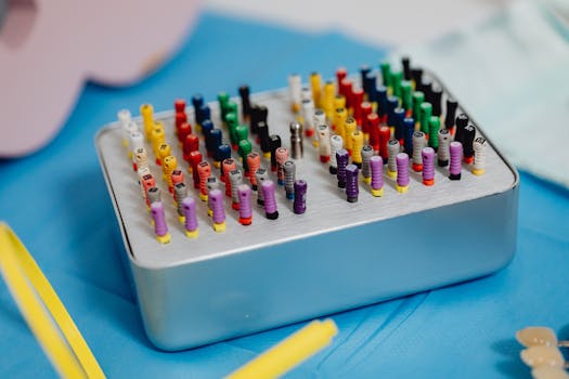 Close-up of colorful dental endodontic files arranged in a sterilization tray for dentistry use.