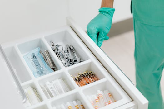 Sterile drawer with medical instruments and syringes in a clinic setting.