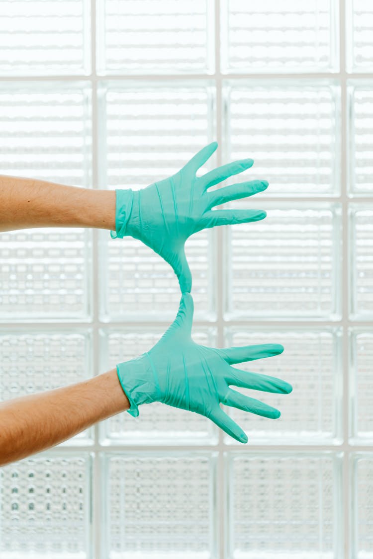 Person Hands In Rubber Gloves