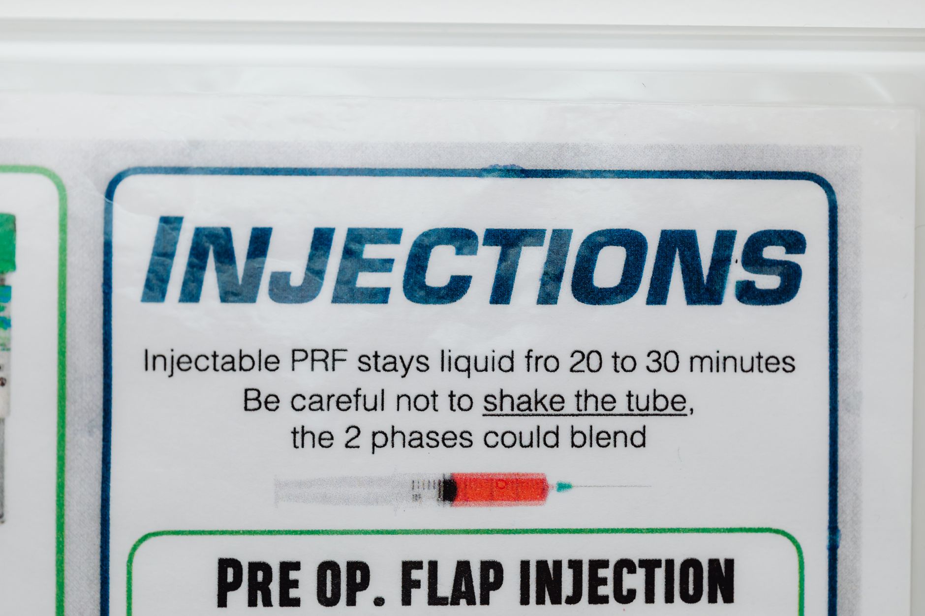 Detailed view of a medical card with injection instructions and cautionary text.