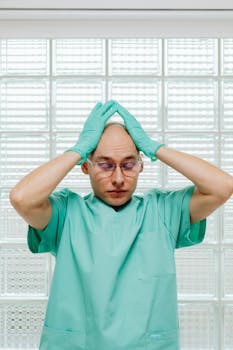 Male doctor in mint green scrubs and gloves looking tired with hands on head in a medical setting.
