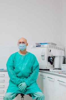 Medical professional in protective gear in a clinical environment, conveying healthcare professionalism.