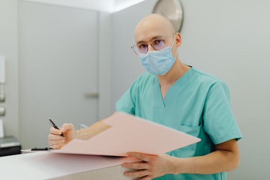 Medical professional in scrubs with mask, focusing on patient care documentation.