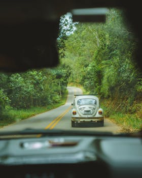 A retro Volkswagen Beetle driving down a scenic forest road, surrounded by lush greenery.