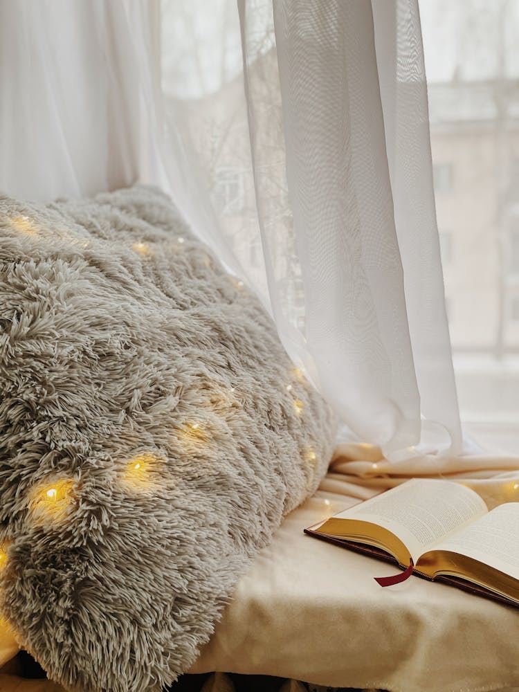 Furry Pillow And An Open Book Near A Window With Curtains