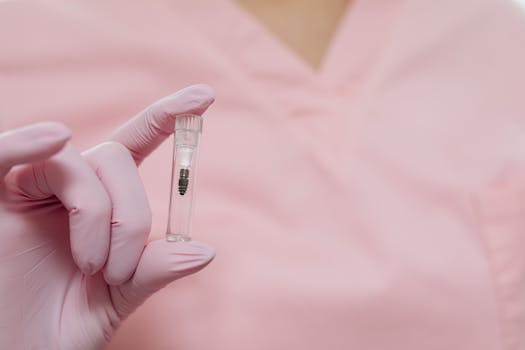 A close-up view of a gloved hand holding a small medical sample vial, focusing on healthcare and medicine.