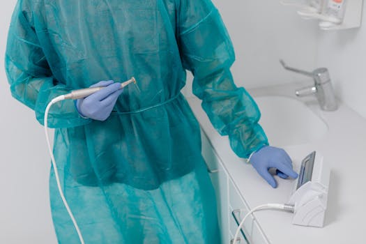 Dental professional in protective gown and gloves operating equipment in a clinic.