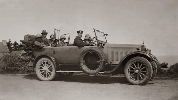 A nostalgic scene of a family traveling in a classic vintage car on a road trip.