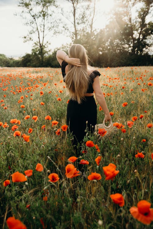 A Woman in Black Clothes Standing on a Flower Field