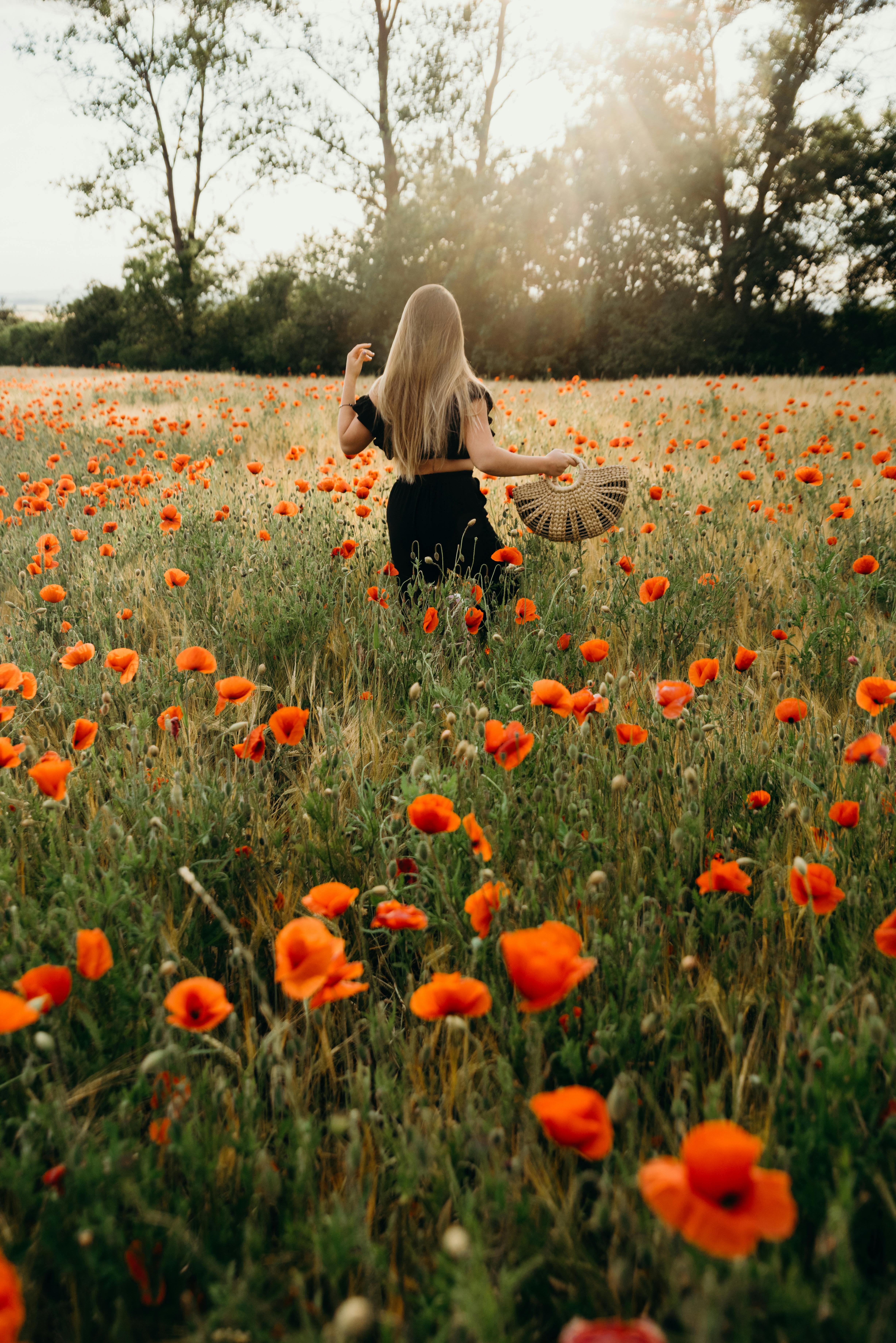 Young woman walking in a vibrant poppy field under the warm sun, embracing nature's beauty.