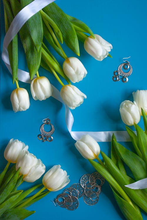 From above of bunches of elegant white tulips with satin ribbon composed with silver earrings on blue surface