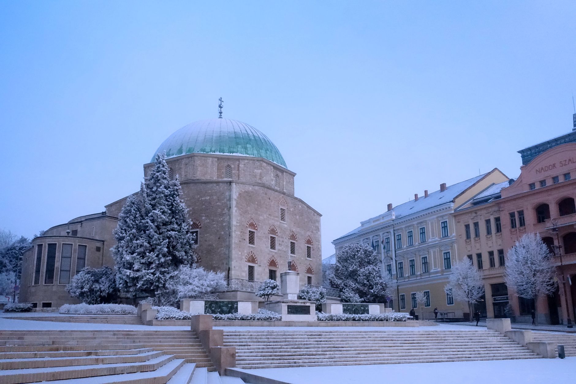 pecs hungary cathedral dome ter four towers romanesque baroque hilltop