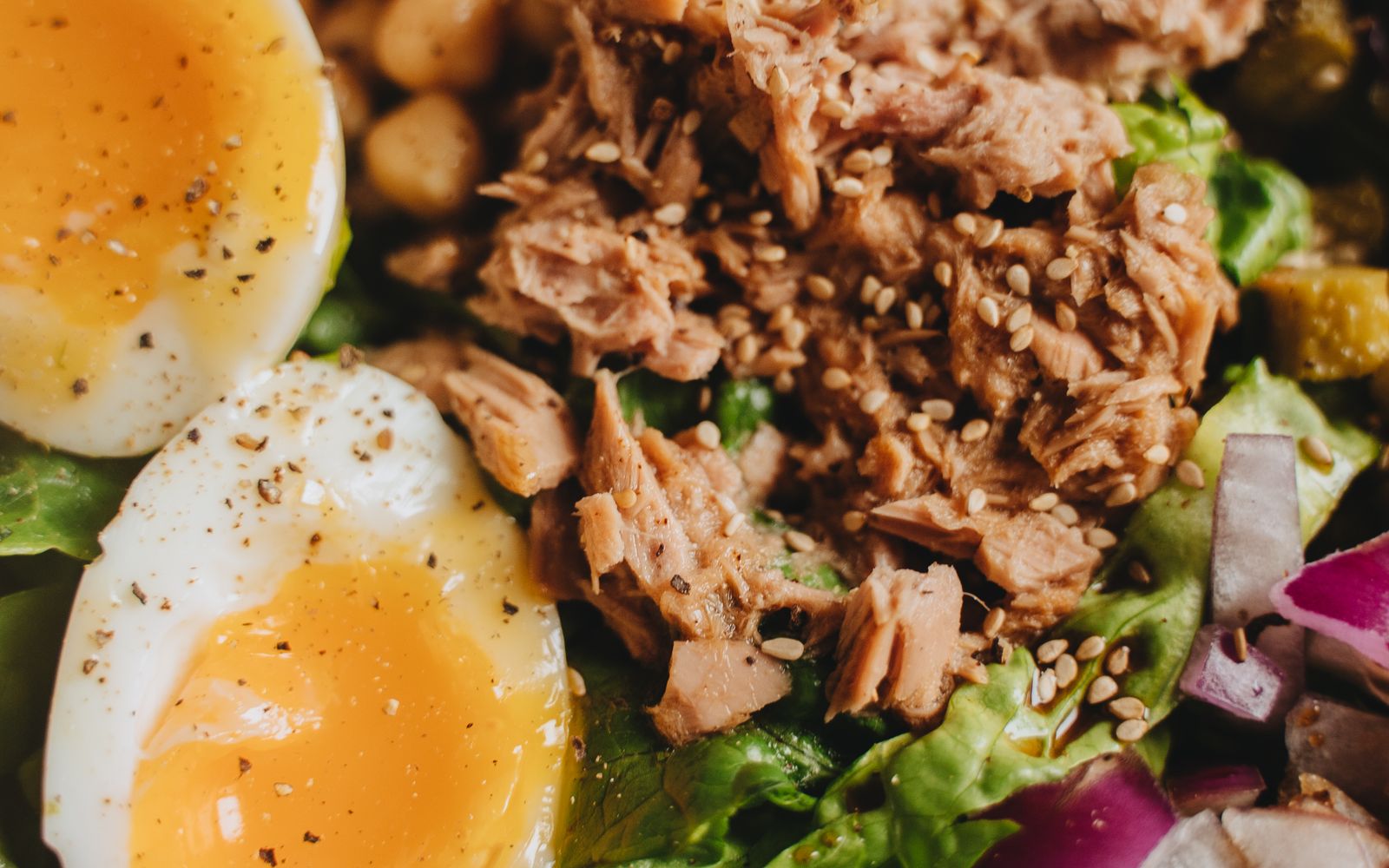 Foto de Salada de grão-de-bico com atum, ovo e torradas de alho