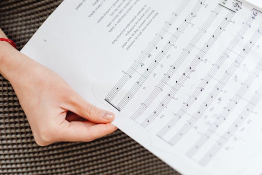 A detailed close-up of a hand grasping a music sheet, displaying notes and symbols.