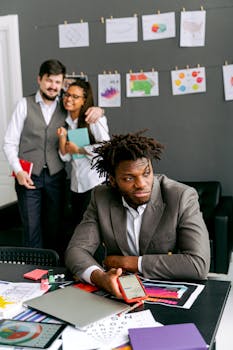 A frustrated office worker sits at a desk with colleagues laughing in the background, highlighting workplace tension.