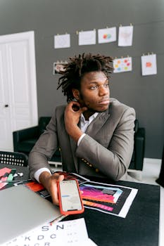 Businessman with dreadlocks holding a smartphone in a modern office with creative charts.