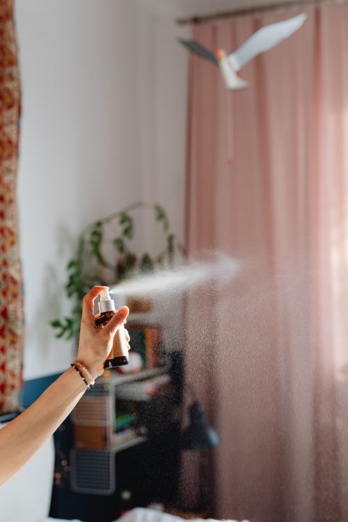 Free A woman's hand spraying fragrance in a cozy domestic room with elegant curtains. Stock Photo