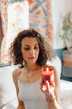 Woman with curly hair gazing at a lit red candle, creating a serene atmosphere indoors.